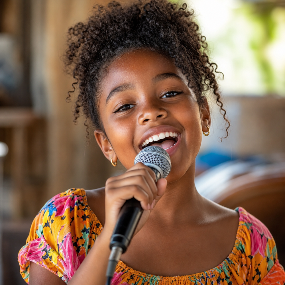 Niña con una nueva sonrisa cantando
